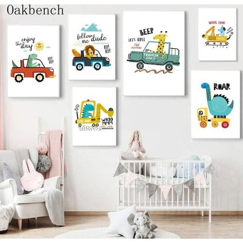 Cartoon Kids City Car Wall Art Canvas Painting Driver Lion Dinosaur Giraffe Posters And Prints Baby Kids Room Nordic Home Decor