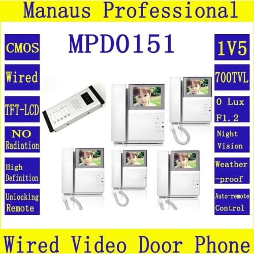 One to Five Video Intercom Doorbells Access Control System,4.3 inch Color TFT LCD Wired Monitor Alarm Video Door Telephone D151b