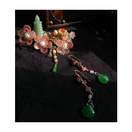 Watermaloon Pink Plum Blossom Green Tower Hair Pin Pinchcock Vintage Classical Hair Stick Hair Jewelry Hanfu Costume Accessory