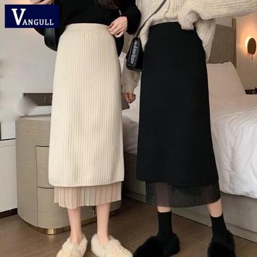 Vangull Casual New Knitted Women Skirt Slim Elastic Waist Two Sides Wear Wrap Hip Ladies Skirts Korean Chic Split Pleated Skirt
