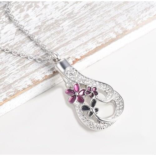 Stainless Steel Cremation Jewelry Crystal Enamel Flower Urn Pendant Keepsake Necklace Memorial Locket for Mam