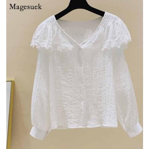 V-neck Women Long Sleeve Simple White Tops Autumn New Korean Loose All-match Sweet Lace Blouse Cardigan Chemisier Femme 11235