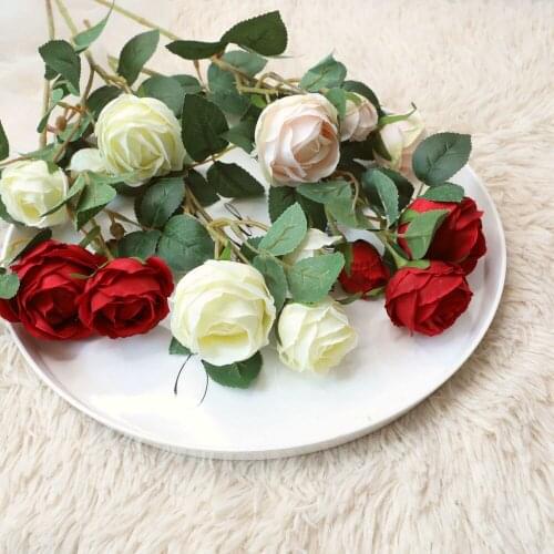 10Pcs Simulation 3 Heads Rose Bud Artificial Flowers Branch Wedding Bouquet Background Decoration Fake Rose Home Display