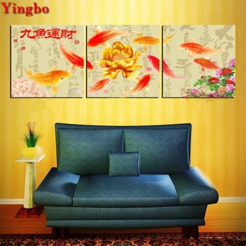 3pcs/set 5D DIY Diamond painting Traditional Chinese Calligraphy Painting Koi Fish Lotus Diamond Embroidery Cross Stitch mosaic