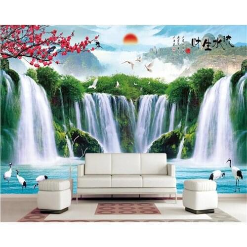 Beibehang Customized 3D Mural HD Welcome Pine Flowing Water Makes Money Waterfall Plum Blossom Landscape Painting wallpaper