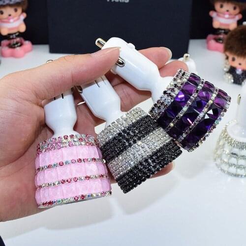 Crystal USB Car Charger For Mobile Phone Tablet GPS Fast Charger Car-Charger Dual USB Car Phone Charger Car drill Ornaments