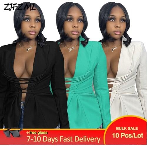 Bulk Items Wholesale Lots Womens Blazer Jackets Office Lady Lace Up Bandage Slim Overcoat High Street Solid Business Outwear
