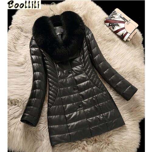 Boollili Winter Warm Fox Fur Collar Genuine Leather Jackets Womens Sheepskin Coat Feamle Slim Down Jacket Jaqueta Couro