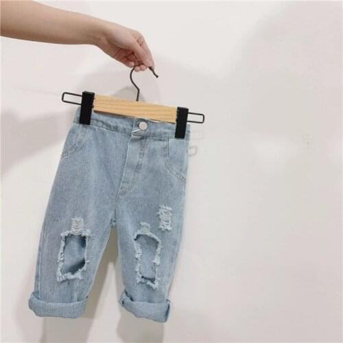 Childrens Jeans Pants 2021 Spring New Korean Fashion Broken Hole Trousers for Boys Girls Baby Kids Casual Straight Denim Pants
