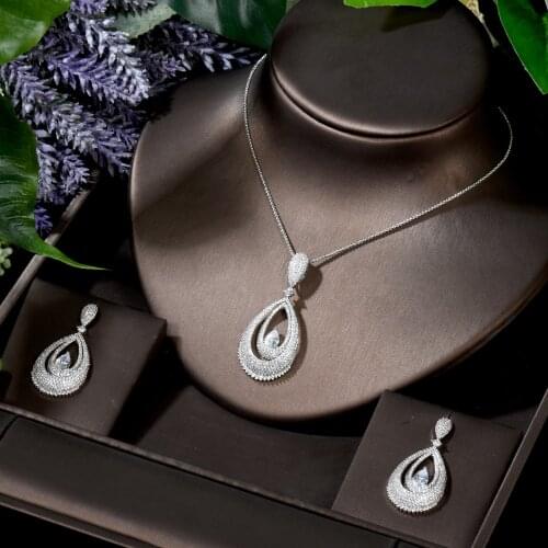 HIBRIDE Super Luxury Water Drop Cubic Zircon Crystal Engagement Necklace Earring Set Women Wedding DUBAI Bridal Jewelry N-1668