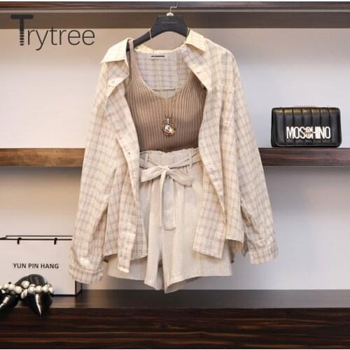 Trytree Spring Summer Women Three piece sets Casual Linen Plaid Tops + Shorts Elastic Waist Wide Leg Pants Suit Set 3 Piece Set