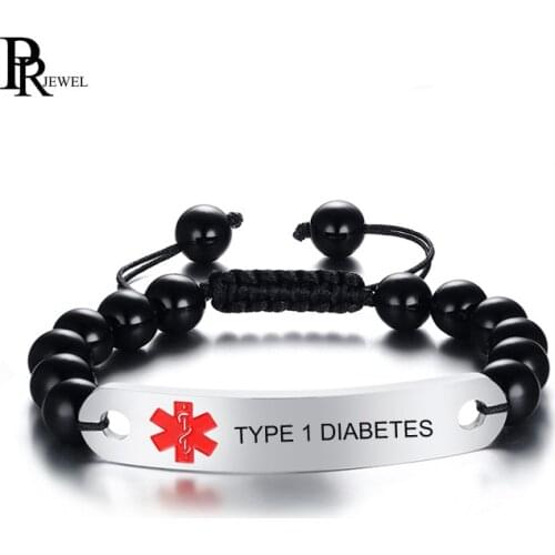 Custom Free Engraving Medical Alert ID Bracelet Handmade 8mm Beads with Stainless Steel TYPE 1 DIABETES Tag Adjustable Length