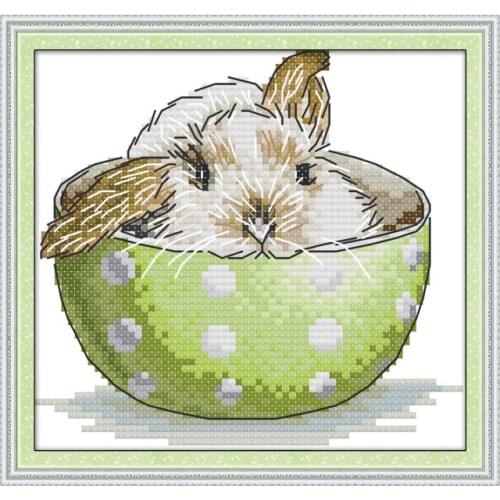 A rabbit in a teacup cross stitch kit aida 14ct 11ct count print canvas cross stitching kits needlework embroidery DIY handmade