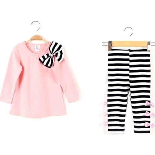2018 New Europe and America Baby Girls Spring and Autumn Pure color + striped trousersLong Sleeved Cartoon Image Suit