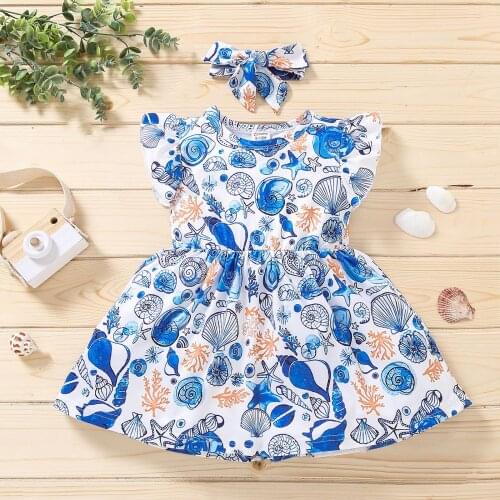 New Summer Infant children Baby Girls Casual Dresses clothes Fly Sleeve Print Blue Dress Clothes Dresses princess dress