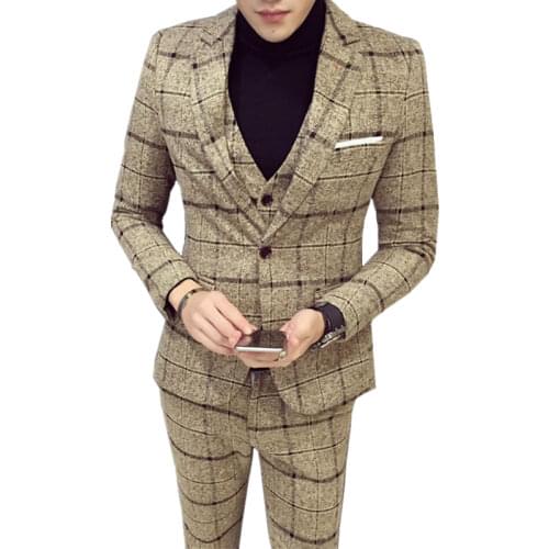 2021 Autumn Winter New Mens Suits Coat Pants Vest 3 Pieces Set / High End Plus Size Mens Plaid Casual Designer Dress Blazers