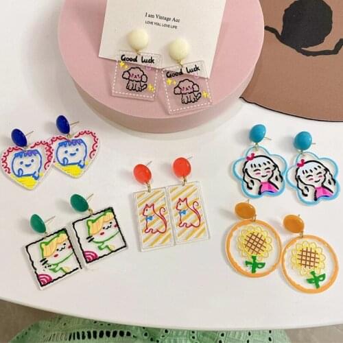 New Cartoon Drop Earrings Cute Candy Color Print Dangle Earrings Square Round Geometric Shape Transparent Acrylic Jewelry Gifts