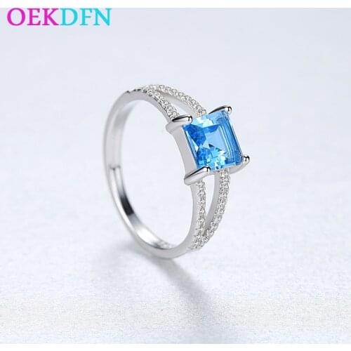 OEKDFN 100% 925 Sterling Silver Rings Aquamarine Blue Topaz Gemstone Wedding Engagement Diamonds Bands Women Fine Jewelry