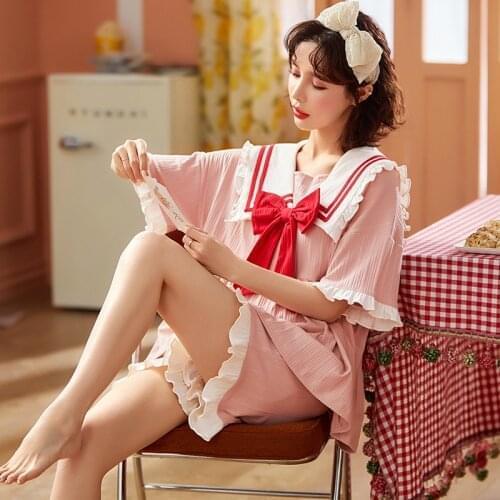 Kawaii Pink Princess Maiden Pajamas Set Summer Cotton Nightwear Women Cute College Style Navy Collar Loose Homewear Sleepwear