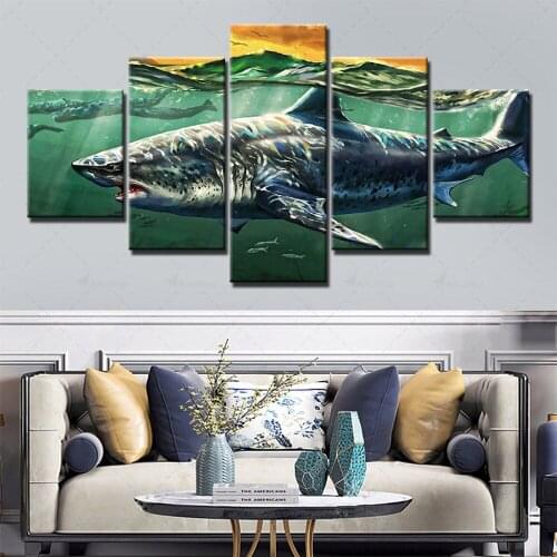 Prints Poster Wall Art Modular Canvas Shark Pictures Modern Painting Home Background 5 Panel Living Room Animal Decor Framework