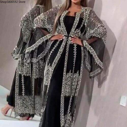 Luxury Muslim Mesh Abaya Dress Cardigan Sequins Kimono Long Robe Gowns Jubah Vestidos Sexy Party Middle East Eid Ramadan Islamic