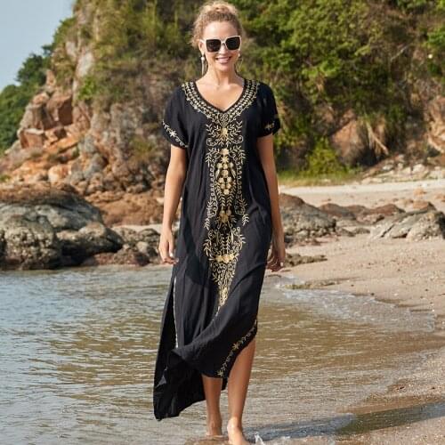 Oversize Black Embroidery V-neck Short Sleeve Summer Beach Dress Plus Size Tunic Women Beachwear Batwing Sleeve Long Dress
