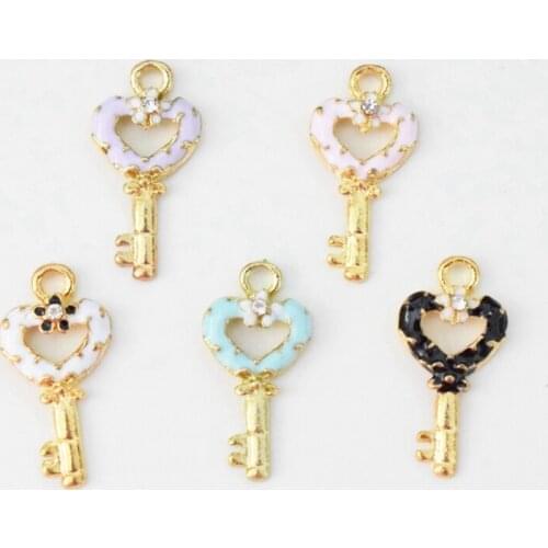 Flower Heart Key Pendant Gold Enamel Korean Charms Elegant DIY Accessories For Handmade Women Jewelry Necklace Bracelets