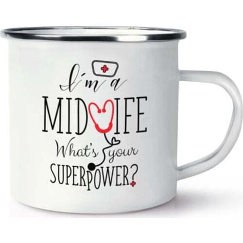 Stainless Steel Camping Coffee Mug I'm A Midwife Whats Your Superpower Retro Enamel Birthday Christmas Outdoors Metal Enamel Ca