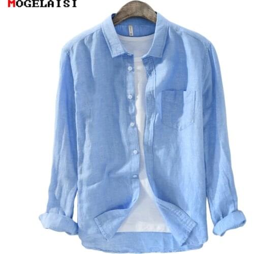Men Shirts Solid 55%Linen + 45%Cotton Full Sleeve Shirts For Men Clothes Flax Shirt Pocket Linen Men White Shirts size M-3XL