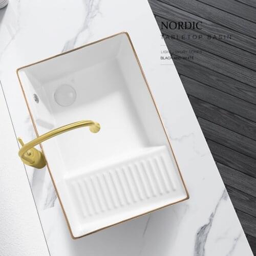 Above counter basin side drain balcony household wash basin Phnom Penh bathroom stone pattern washbasin with washboard