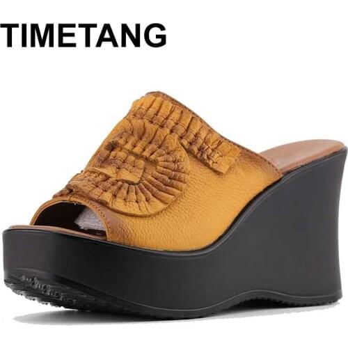 TIMETANGGenuine Leather Women Sandals Shoes Woman Summer Wedge Sandals Women Color Block Decoration Sandals Mother Shoes E475