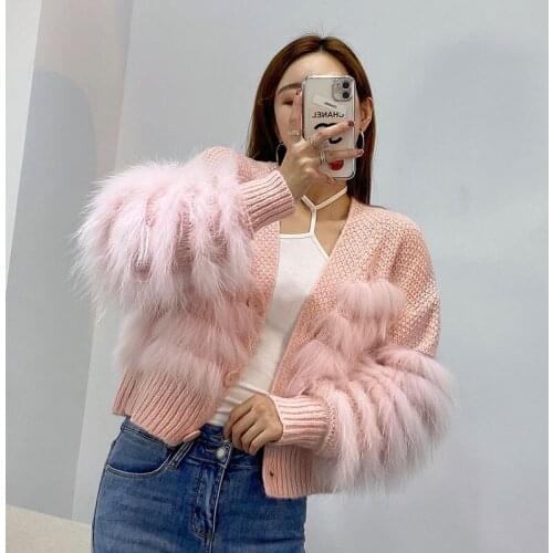 JG09 2021 Winter New Stylish Womens Knitted V-neck Cardigan Puff Sleeve Real Fox Fur Sweater Pullover