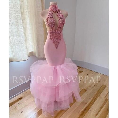 Pink Mermaid Prom Dresses 2021 Sexy See Through Top Beaded Appliques High Neck Tiered African Black Girl Long Prom Gowns
