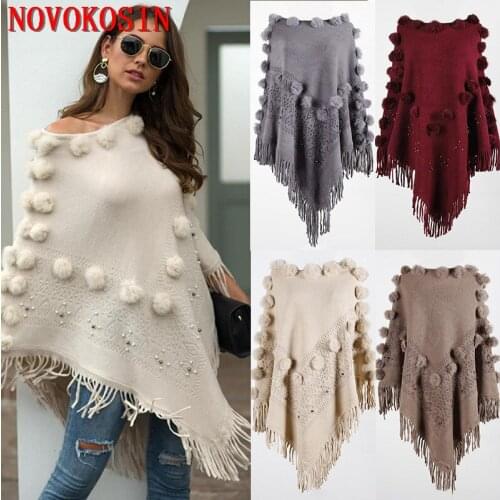 2020 New Winter Tassel Coat Women Faux Cashmere Plus Size Sweaters Fur Ball Poncho Cape Loose Beading Pearl Knitted Pullovers