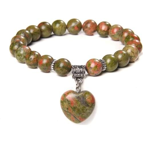 Reiki Natural 8 mm Unkiate Stone Beads Bracelets Women Yoga Jewelry Heart Shape Charm Bracelets For Men Mala Pulsera Couples