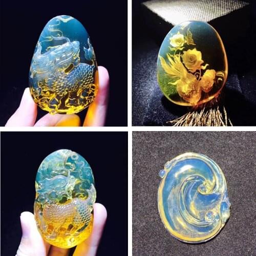 】 pure natural Burma amber pendant carved dragon water purification high gold orchid blue without mixed crack repair