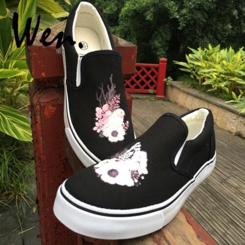 Wen Original Shoes Black White Watercolor Bird Floral Flowers Slip On Canvas Flats Sneakers Unique Gifts for Women And Girls