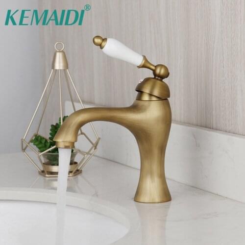 KEMAIDI Antique Brass Bathroom Sink Faucet Basin Mixer Tap Solid Brass Deck Mounted Sinlge Handle Hot Cold Water Faucets