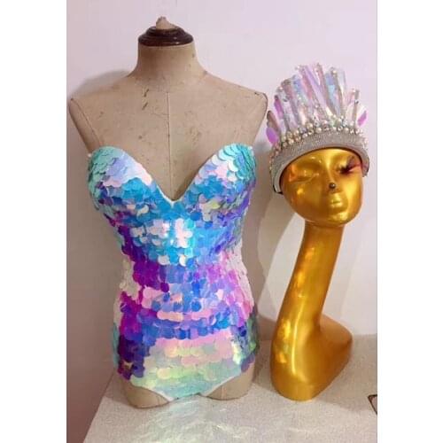Mermaid princess beauty costume sexy magic fish scales bodysuit Nightclub party bar stage show crown gogo dj ds jumpsuit