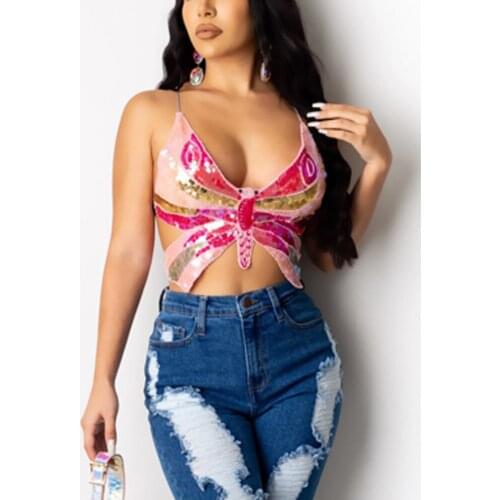 DGIRL Spaghetti Strap Crop tops Women Sleeveless Summer Camis Tops Butterfly Sequined Backless Sexy Crop Top Beach Bohemian Tees