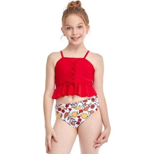 Kids Girl Swimsuit Two Piece Childrens Swimwear Tankini 5-12 Years Girl Bikini Set Ruffle Young Girls Bathing Suit Beachwear