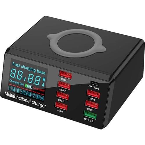 8-port USB Wireless Display Multi-function Charger Smart Digital Display Wireless Fast Charging Base