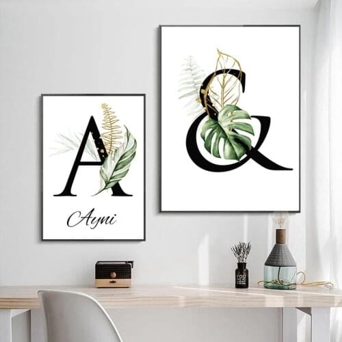 Custom Name Nordic Letter Canvas Poster Plants and Alphabet Chart Wall Art Print Green White Letter Art Painting Home Decor Gift
