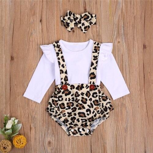 0-24M Fashion Infant Baby Girl Fall Outfits Cute Suspender Button Leopard Ruffle Romper + Headband 2Pcs Clothes Set