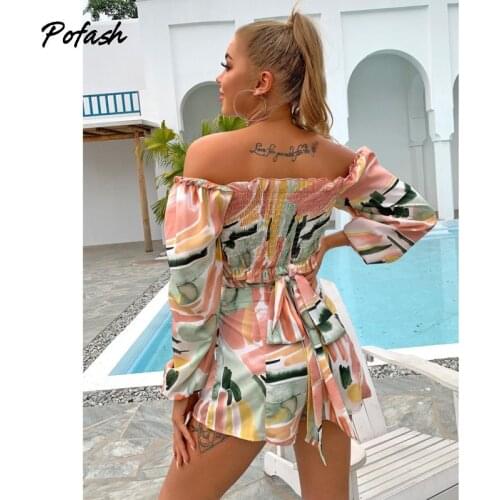 Pofash Print Off Shoulder Two Pieces Outfits Women Long Sleeves Crop Top And Shorts Sets Ruched Autumn Holiday 2 Pieces Set 2021
