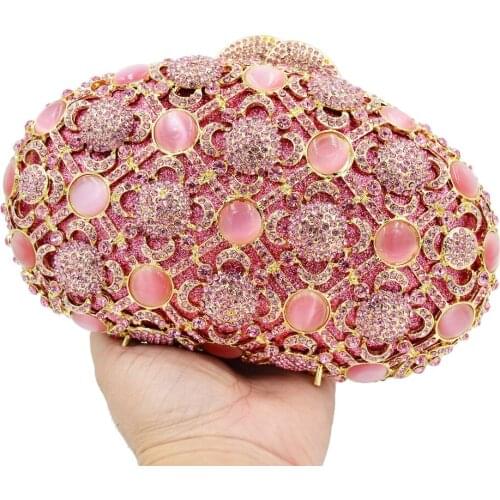 Deluxe Pink Crystal Clutch Purse Women Chain Box Evening Bag SC750