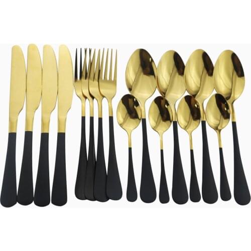 Black Gold Tableware Fork Spoon Knife Dinner Set Stainless Steel Dinnerware Bright Cutlery Set Kitchen Silverware 4set 16Pcs