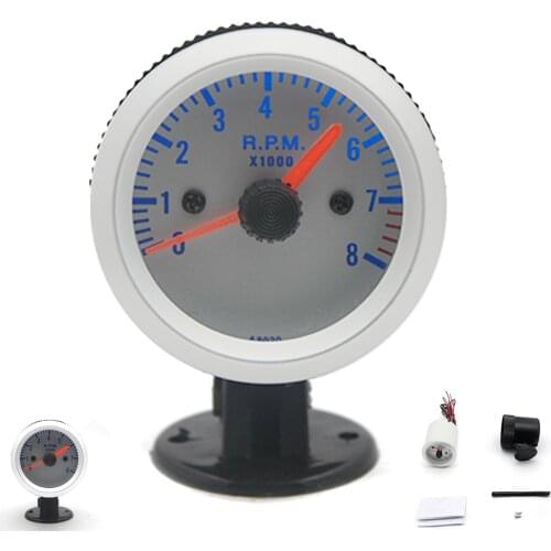 2" 52mm Universal Car Black Analog Tachometer RPM Meter Gauge 0-8000RPM LED Light Silver Face 4 6 8 Cylinders