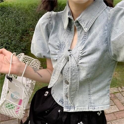 Retro Y2k Bow Polo Collar Denim Coat Women Summer Fashion Korean Puffs Short Sleeve Slim Single Breasted Jeans Jackets Street