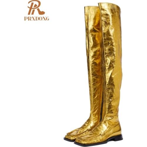 Women Fashion Party Club Boots Over-the-Knee Square Toe Boots Zipper Chunky Heeled Platform Female Shoes Golden Big Size 34-43